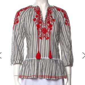 Kate Spade Broome Street Embroidered Striped V Neck Blouse